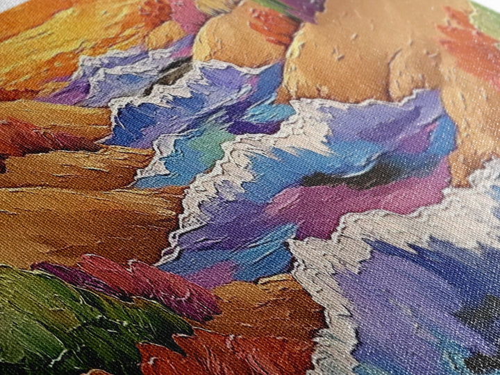Rolling Waves, Ocean Energy, Sunset Coastline, Canvas Print, coastal living room decor, vivid surf art, bold beach vibe painting