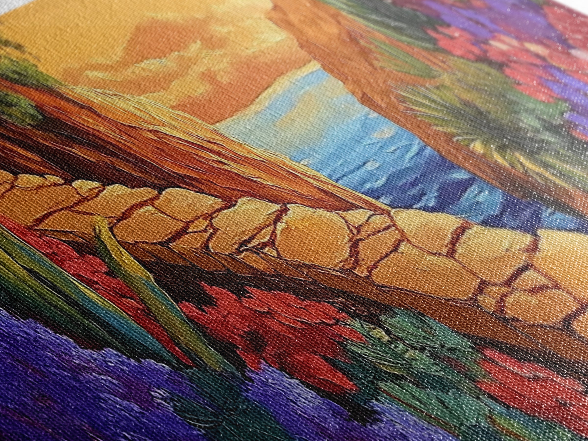 Desert Path, Floral Trail, Mountain View, Framed Canvas Print, Southwestern Wall Art, Nature Inspired Art, Boho Vibe, Living Room Decor