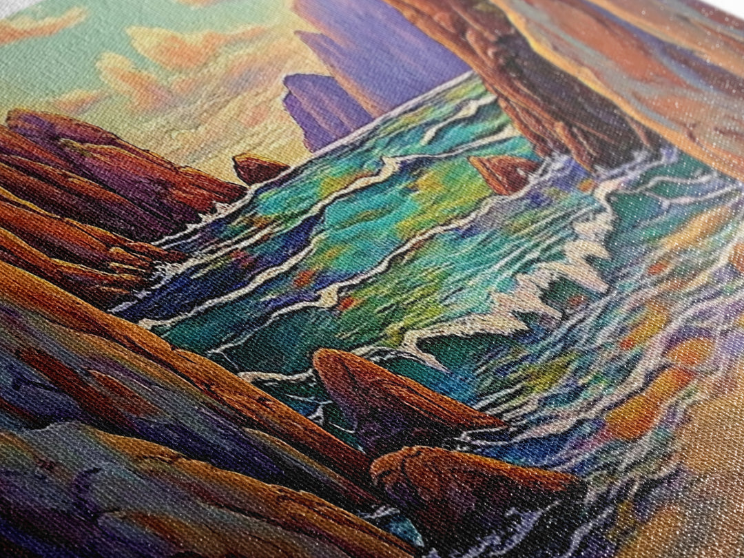 Rocky Cove, Sunset Ocean, Wave Art, Coastal View, Framed Canvas Print, Bathroom Wall Art, Earth Tones, Seascape Canvas Decor