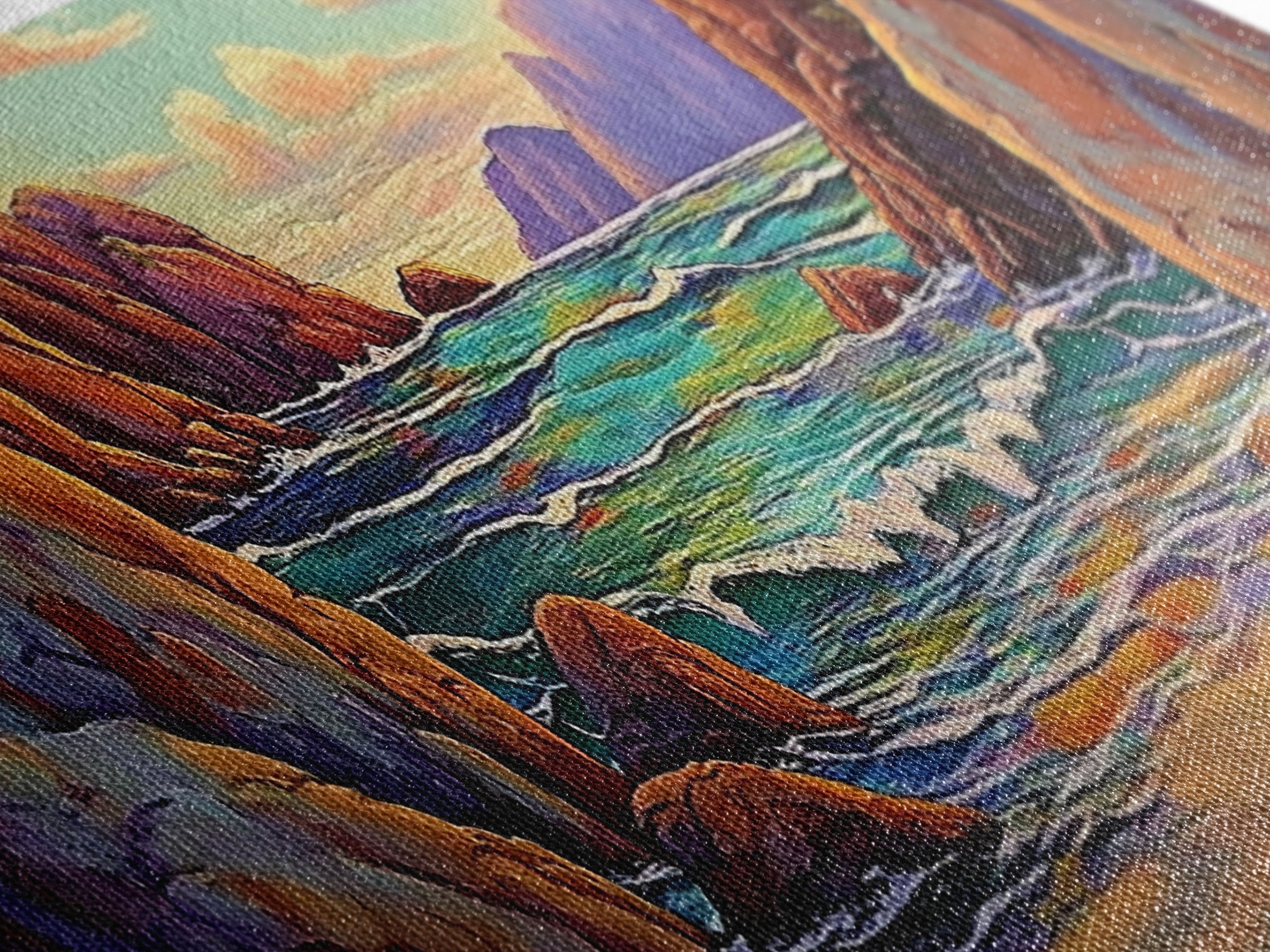 Rocky Cove, Sunset Ocean, Wave Art, Coastal View, Framed Canvas Print, Bathroom Wall Art, Earth Tones, Seascape Canvas Decor