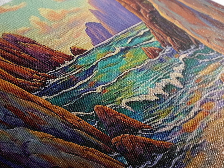 Rocky Cove, Sunset Ocean, Wave Art, Coastal View, Framed Canvas Print, Bathroom Wall Art, Earth Tones, Seascape Canvas Decor