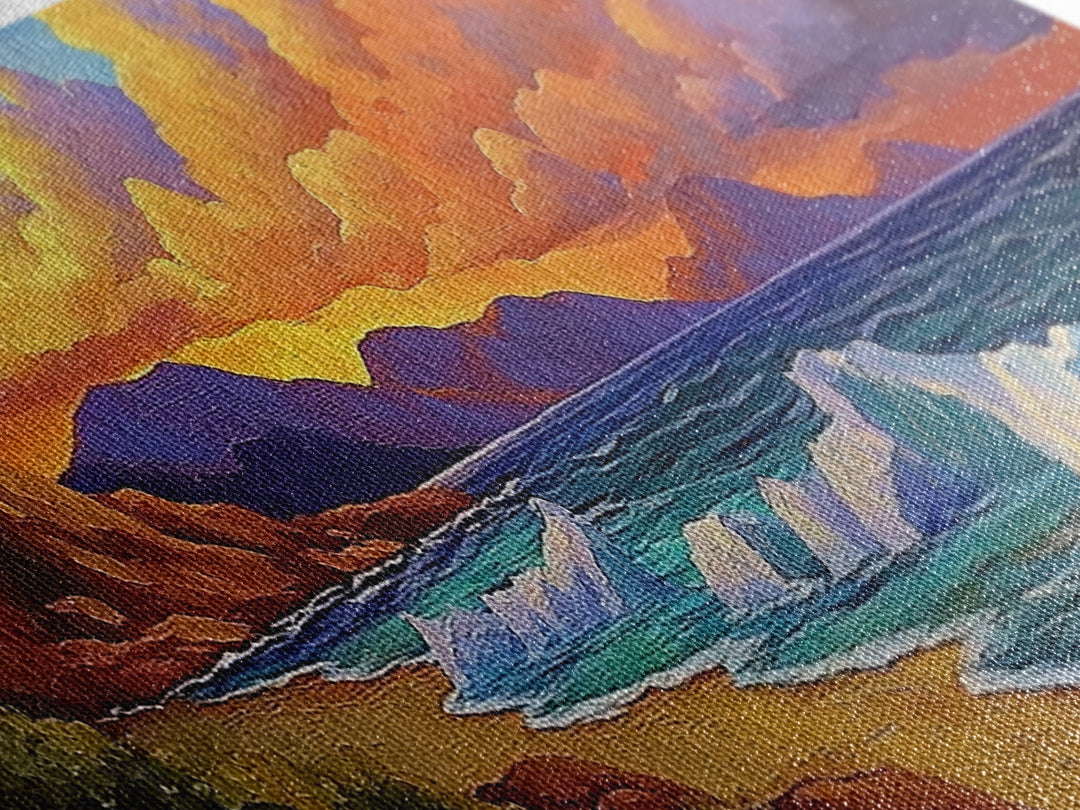 Coastal Sunset Glow, Ocean Horizon, Vibrant Wave Art, Framed Canvas Print, Living Room Wall Art, Colorful Beach Landscape