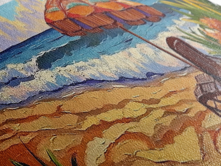 Beach Umbrella Scene, Vibrant Ocean View, Canvas Print, Tropical Coastal Decor, Seaside Living Room Wall Art, Boho Beach Style