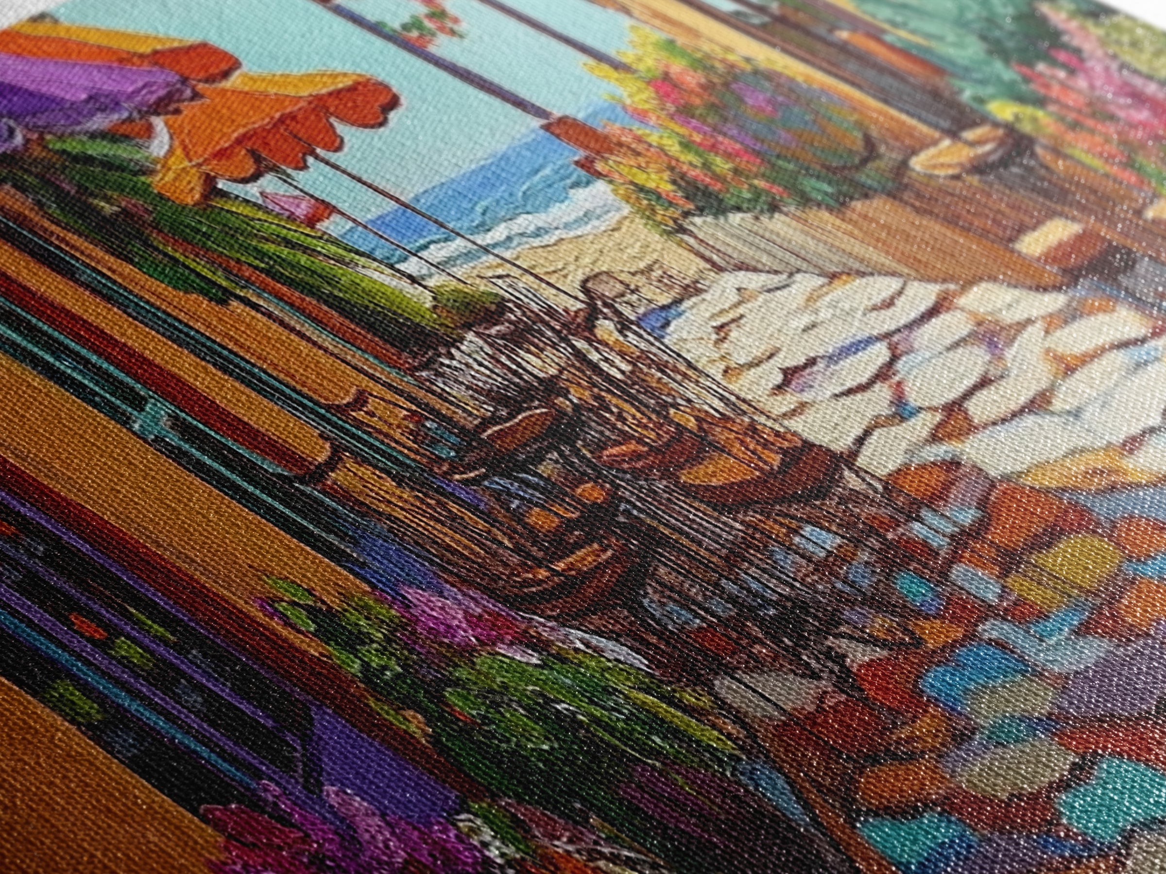 Coastal Café, Ocean View, Umbrella Patio, Bright Florals, Framed Canvas Print, Kitchen Wall Art, Mediterranean Style, Garden Dining Art