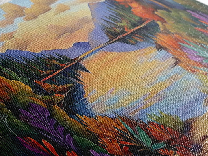 Autumn Lake Reflection, Tranquil Nature Painting, Fall Forest Sunset, Framed Canvas Print, Cozy Living Room or Cabin Wall Decor