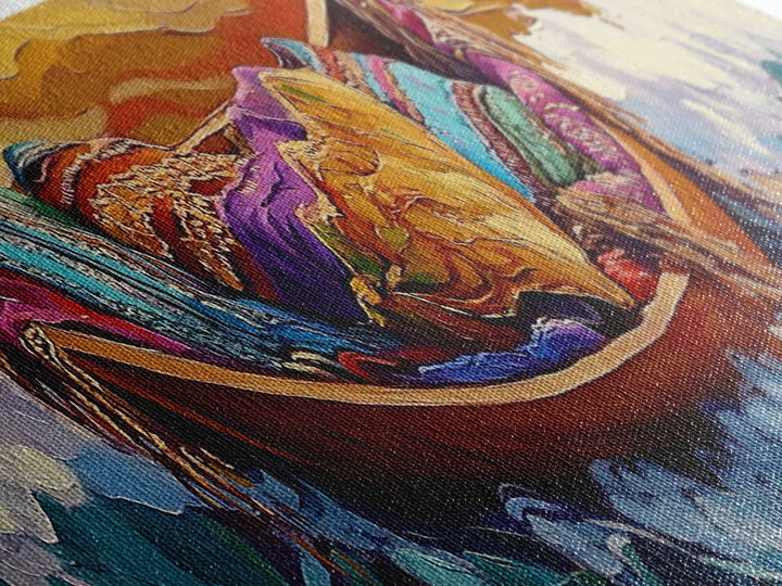 Cozy Boat, Colorful Blankets, Ocean Sunset, Serene Waves, Framed Canvas Print, Bohemian Bedroom Art, Nautical Style, Relaxation Vibe