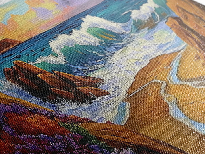 Coastal Wave, Bold Surf, Rocky Sunset, Flower Shoreline, Framed Canvas Print, Nautical Art, Bathroom Beach Landscape Decor