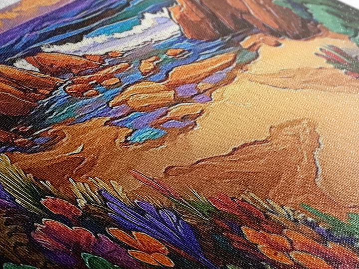 Rocky Beach Cove, Tropical Floral Ocean Art, Sunset Coastline View, Framed Canvas Print, Bathroom Wall Art, Nature Inspired Style