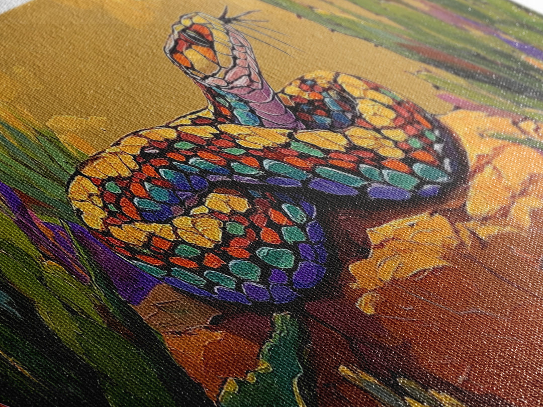 Desert Snake Scene, Vibrant Reptile Art, Cactus Wildlife, Framed Canvas Print, Bold Southwest Wall Decor, Nature Inspired Room