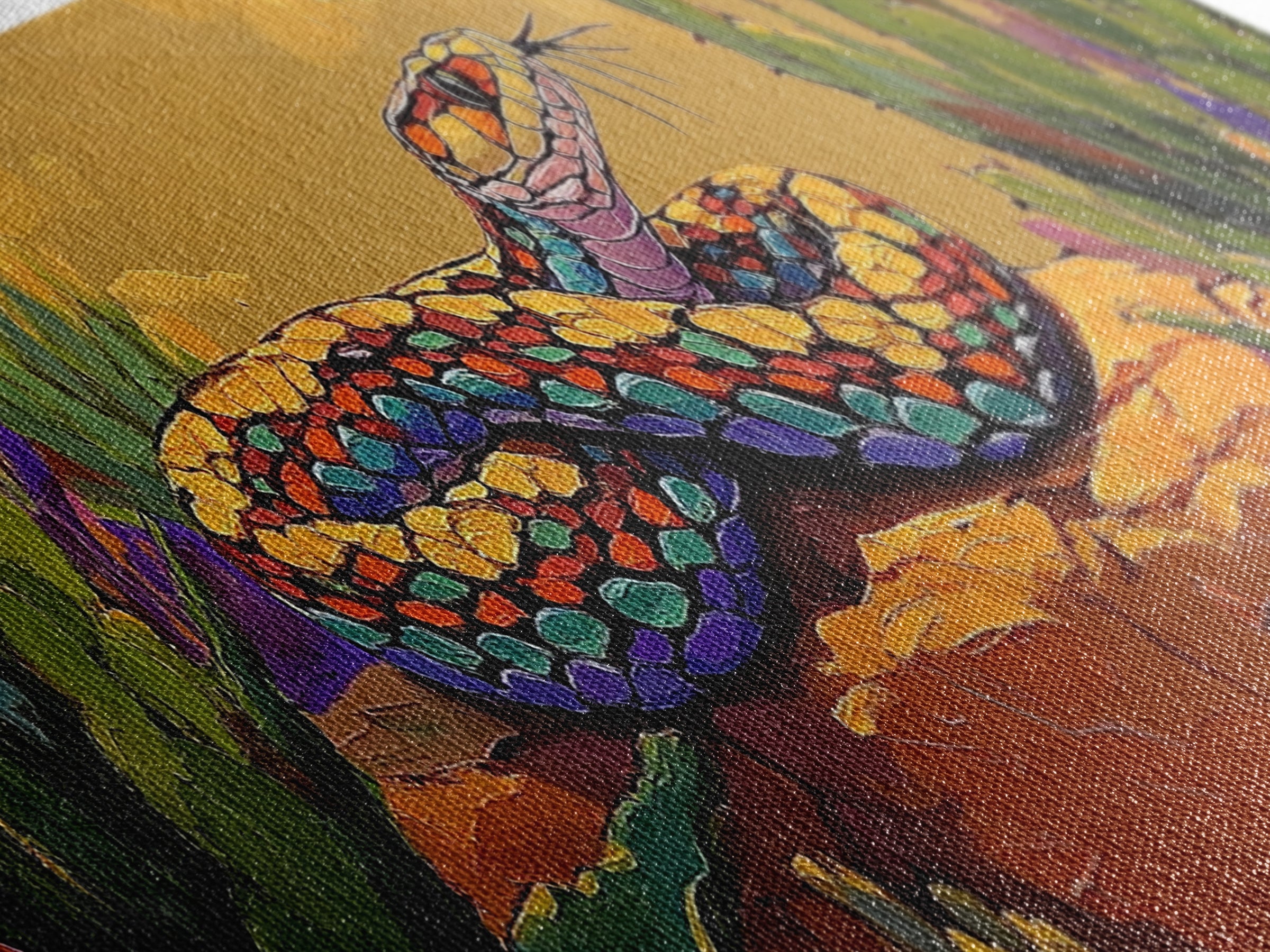 Desert Snake Scene, Vibrant Reptile Art, Cactus Wildlife, Framed Canvas Print, Bold Southwest Wall Decor, Nature Inspired Room