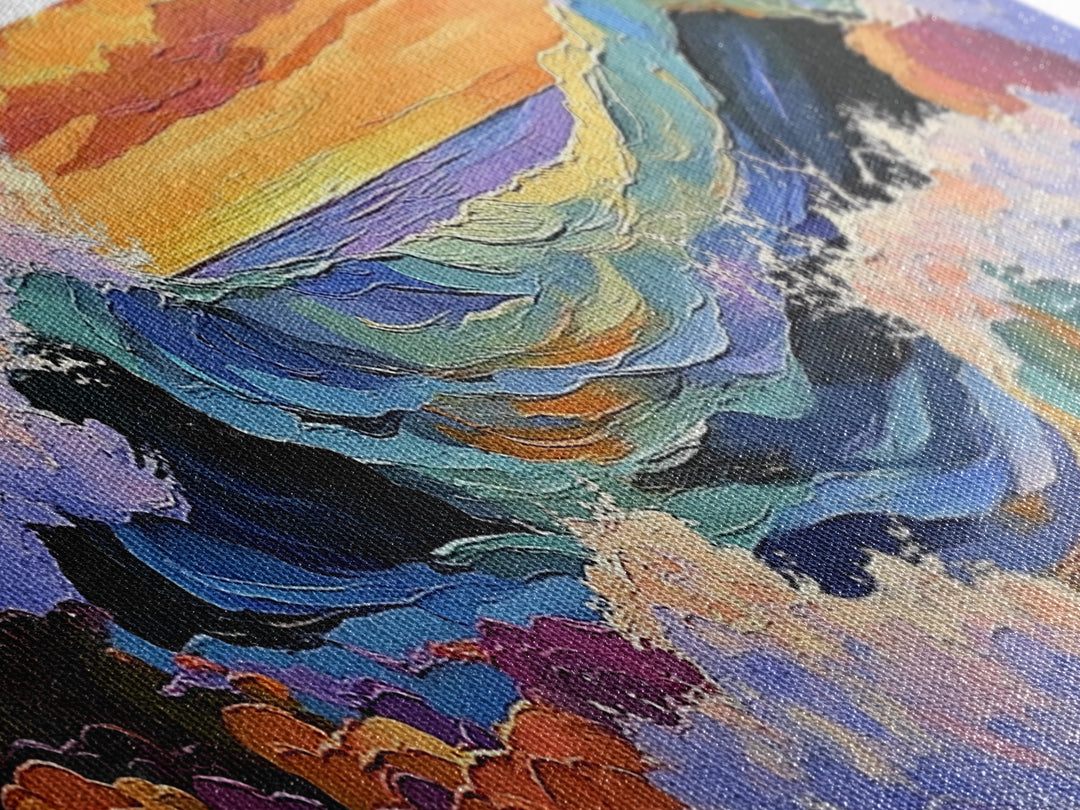 Breaking Waves Seascape, Ocean Wall Art, Sunset Coastal View, Framed Canvas Print, Nautical Living Room Decor, Beach Style