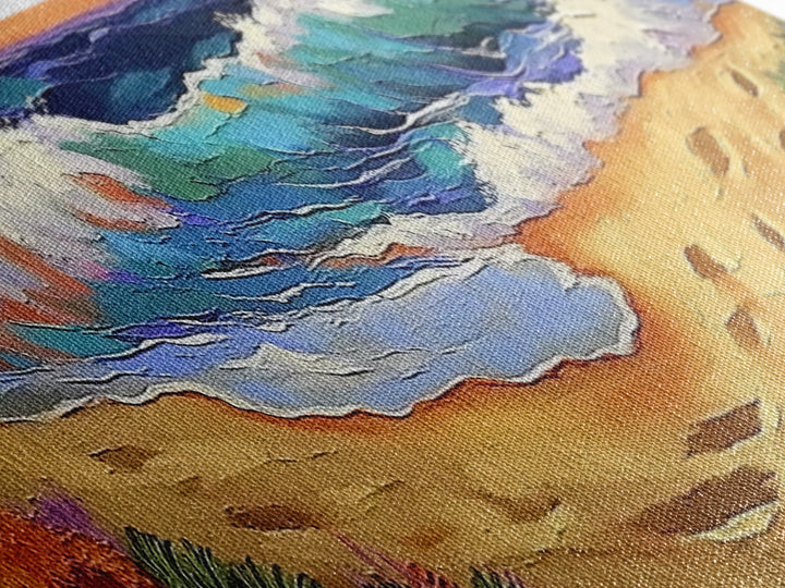 Coastal Wave Art, Beach Shore, Ocean Spray, Sunset Sea Framed Canvas Print, Living Room Wall Art, Modern Tropical Decor