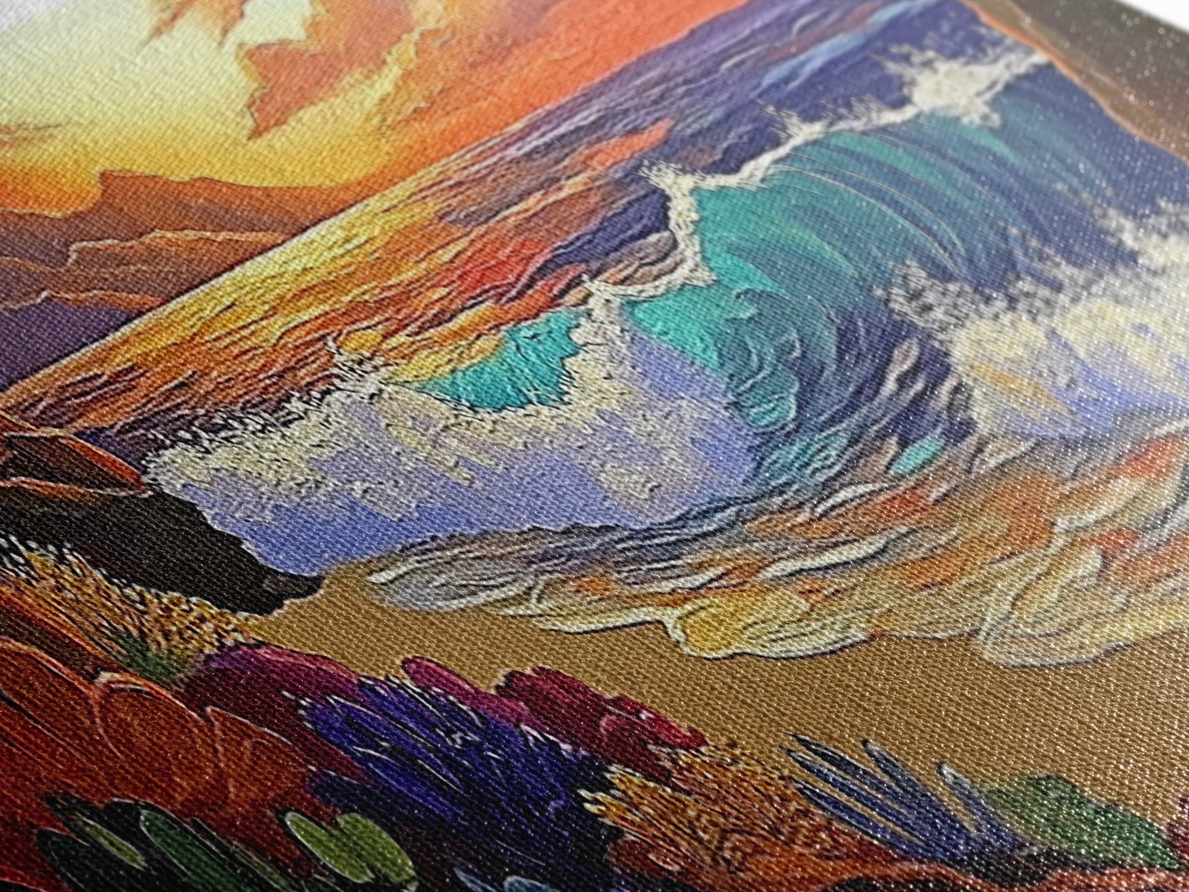 Coastal Sunset, Ocean Waves, Tropical Flowers, Vibrant Seascape, Framed Canvas Print beach wall decor, boho art, living room wall art