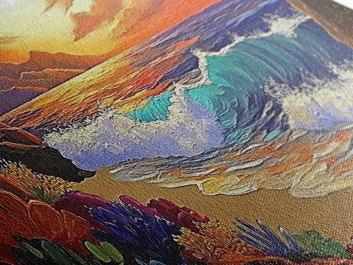 Coastal Sunset, Ocean Waves, Tropical Flowers, Vibrant Seascape, Framed Canvas Print beach wall decor, boho art, living room wall art