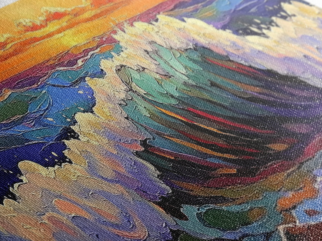 Breaking Wave Art, Sunset Ocean Surf, Bold Seaside Motion, Vibrant Coastal Palette, Framed Canvas Print, Bathroom Beach Decor