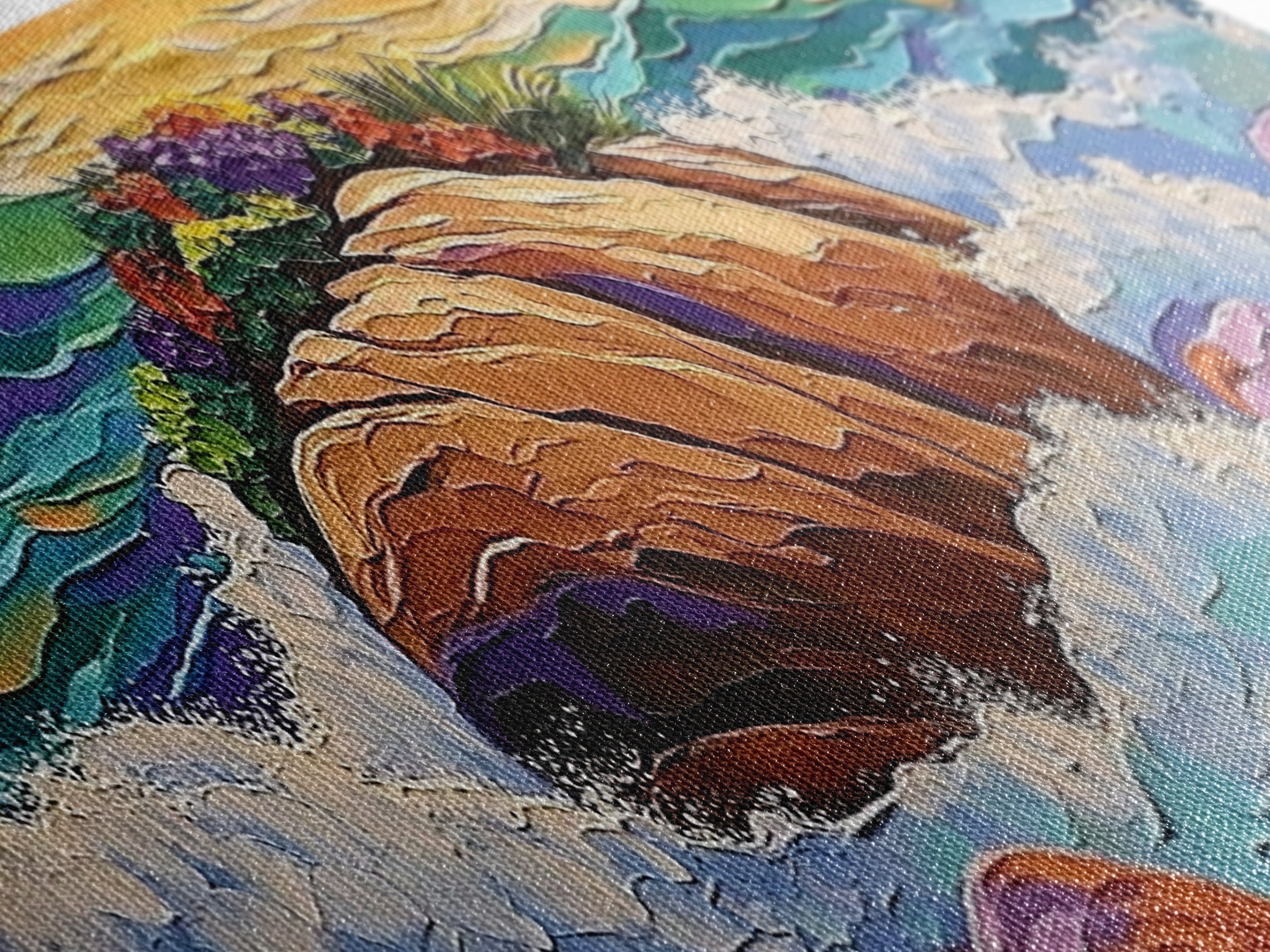 Rocky Shoreline Scene, Vibrant Sea Garden, Coastal Wave Power, Nature Texture Painting, Framed Canvas Print, Ocean Lover Wall Art