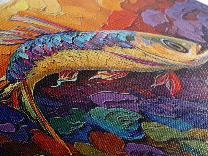 Colorful Fish Painting, Vibrant Sea Life, Abstract Ocean Creature, Marine Fantasy Style, Framed Canvas Print, Kids Room Underwater Art