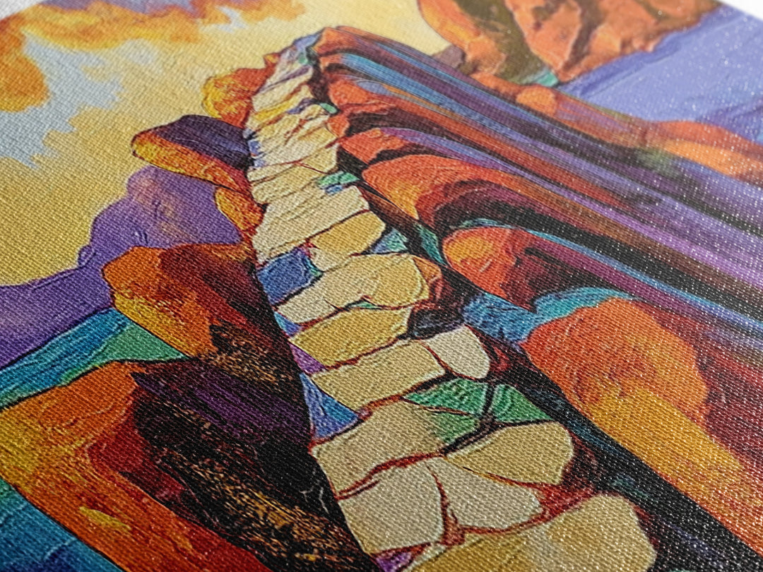 Rocky Coastal Path, Sunset Cliff Art, Vibrant Mountain Scene, Adventure Nature Decor, Framed Canvas Print, Fall Living Room Art