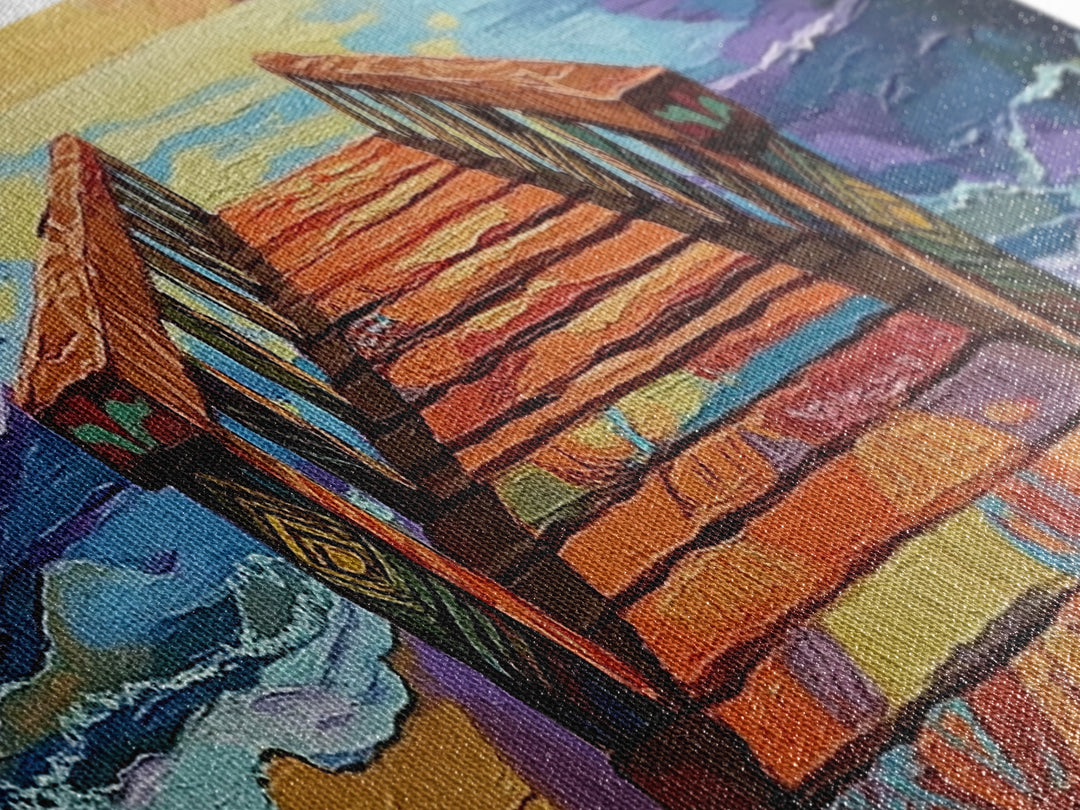 Colorful Pier, Sunset View, Ocean Dock, Serene Shoreline, Framed Canvas Print, Beach House Wall Art, Coastal Landscape Painting