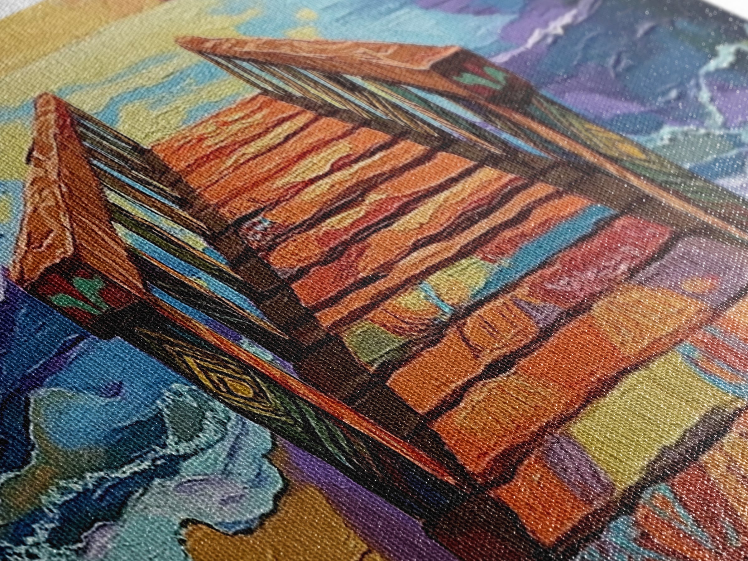 Colorful Pier, Sunset View, Ocean Dock, Serene Shoreline, Framed Canvas Print, Beach House Wall Art, Coastal Landscape Painting