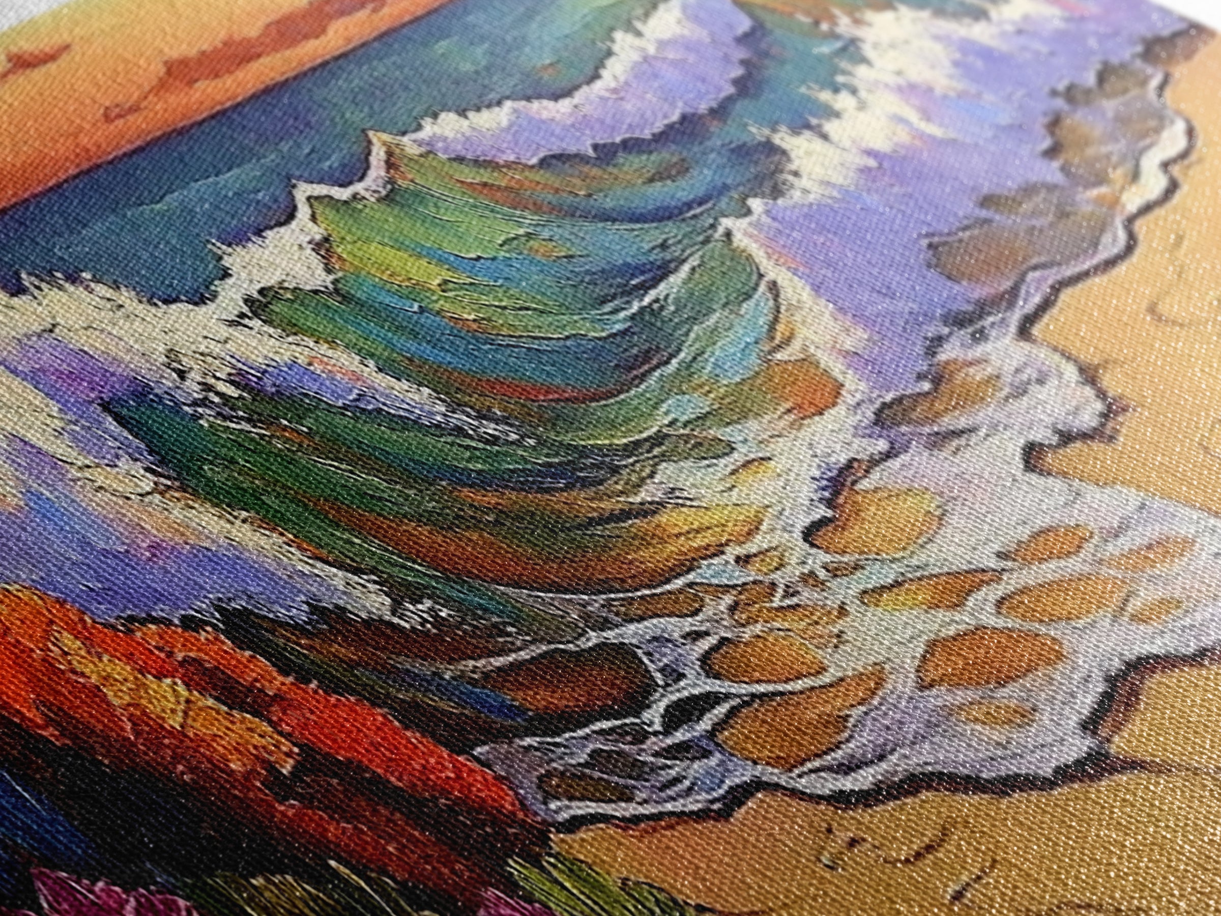 Ocean Curl, Autumn Surf, Sunset Beach, Floral Waves, Framed Canvas Print, Living Room Wall Art, Fall Coastal Painting, Bold Decor