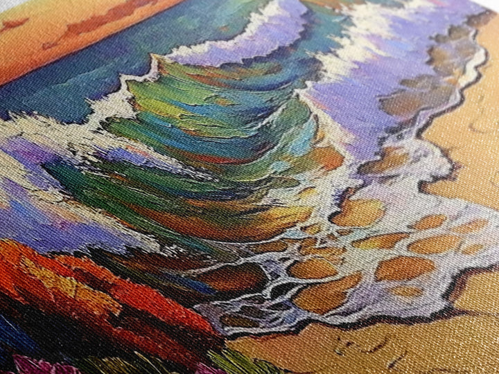 Ocean Curl, Autumn Surf, Sunset Beach, Floral Waves, Framed Canvas Print, Living Room Wall Art, Fall Coastal Painting, Bold Decor