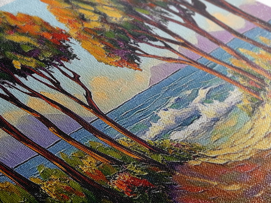 Coastal Trees, Ocean View, Beach Path, Vibrant Foliage, Framed Canvas Print, beach house decor, nature wall art, coastal living room style