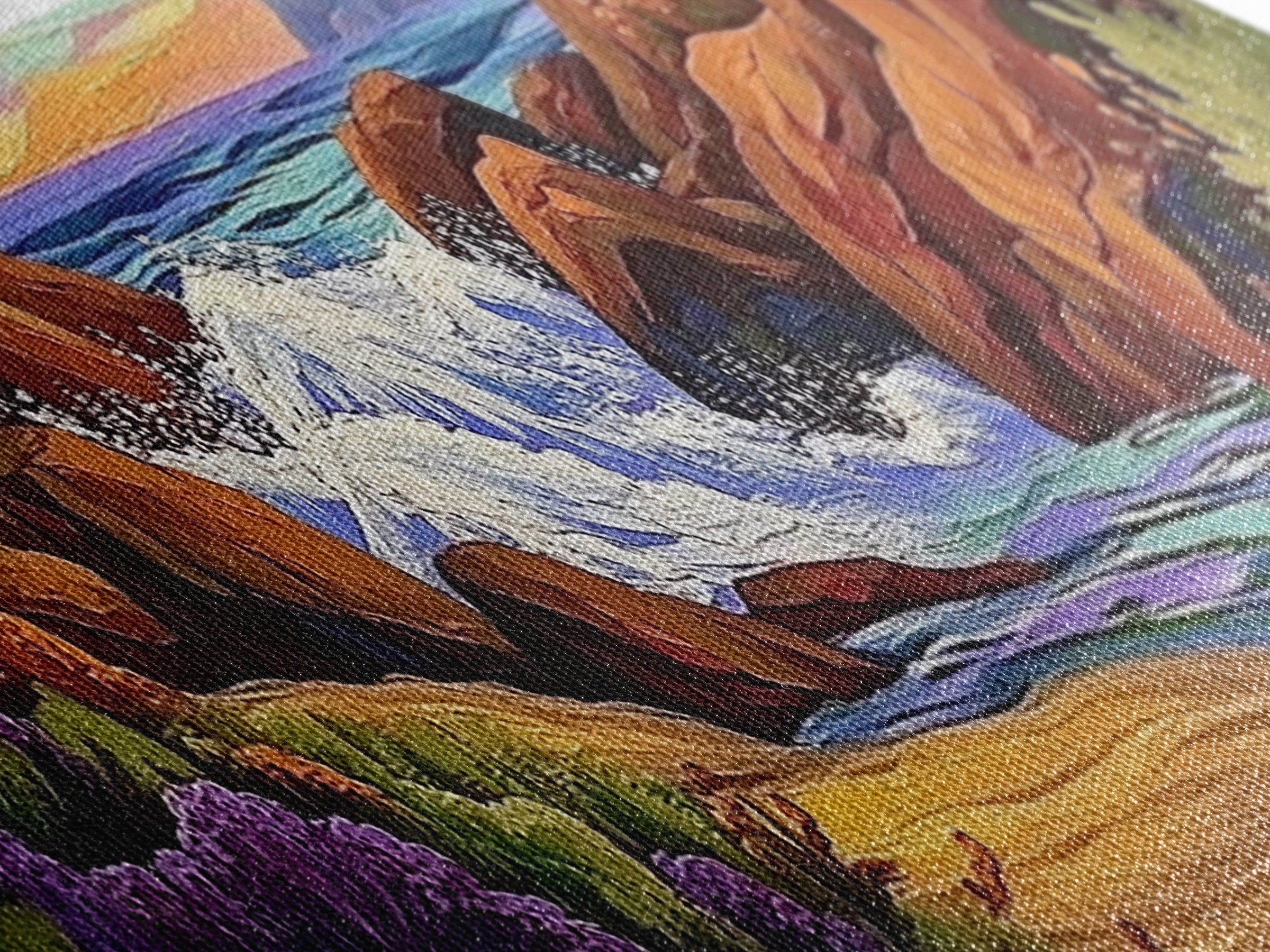 Rocky Shore, Ocean Splash, Sunset Cove, Botanical Scene, Framed Canvas Print, vibrant coastal wall art, beach bathroom decor, ocean vibe