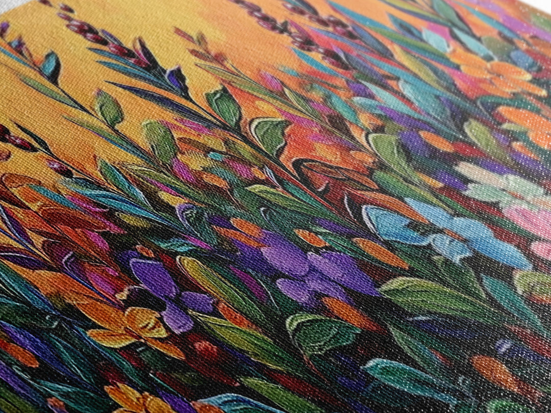 Autumn Garden Flowers, Orange Sky, Bold Leaves, Seasonal Blooms, Canvas Print, Fall Kitchen Wall Art, Botanical Color Pop