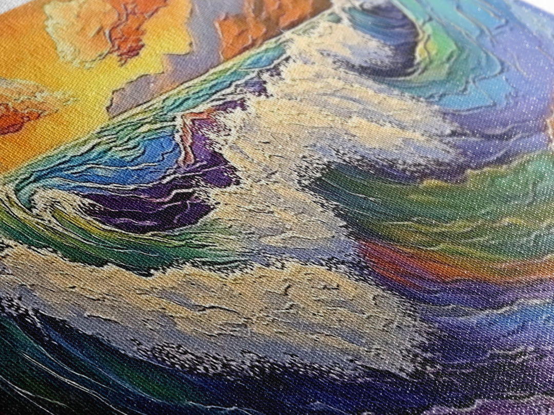 Crashing Waves, Vibrant Seascape, Ocean Energy, Coastal Sunset, Framed Canvas Print, Beach House Decor, Modern Nautical Art