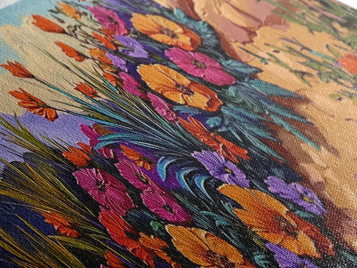 Coastal Flowers, Sunset Hillside, Wildflower Art, Framed Canvas Print, Vibrant Landscape Wall Decor, Living Room Boho Wall Art