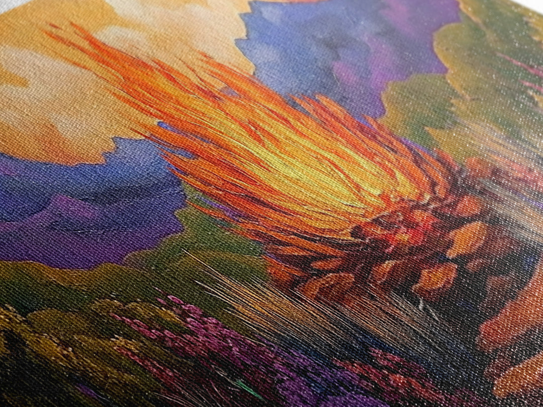 Dramatic Bonfire Night, Vibrant Flame in Hills, Scenic Nature Wall Art, Framed Canvas Print, Fall Lodge Decor, Rustic Landscape Artwork