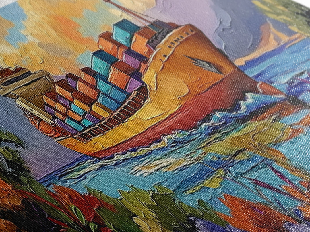 Coastal Cargo Ship, Vibrant Ocean Painting, Nautical Decor, Container Ship Art, Canvas Print, Modern Seascape, Office Wall Art, Boho Art