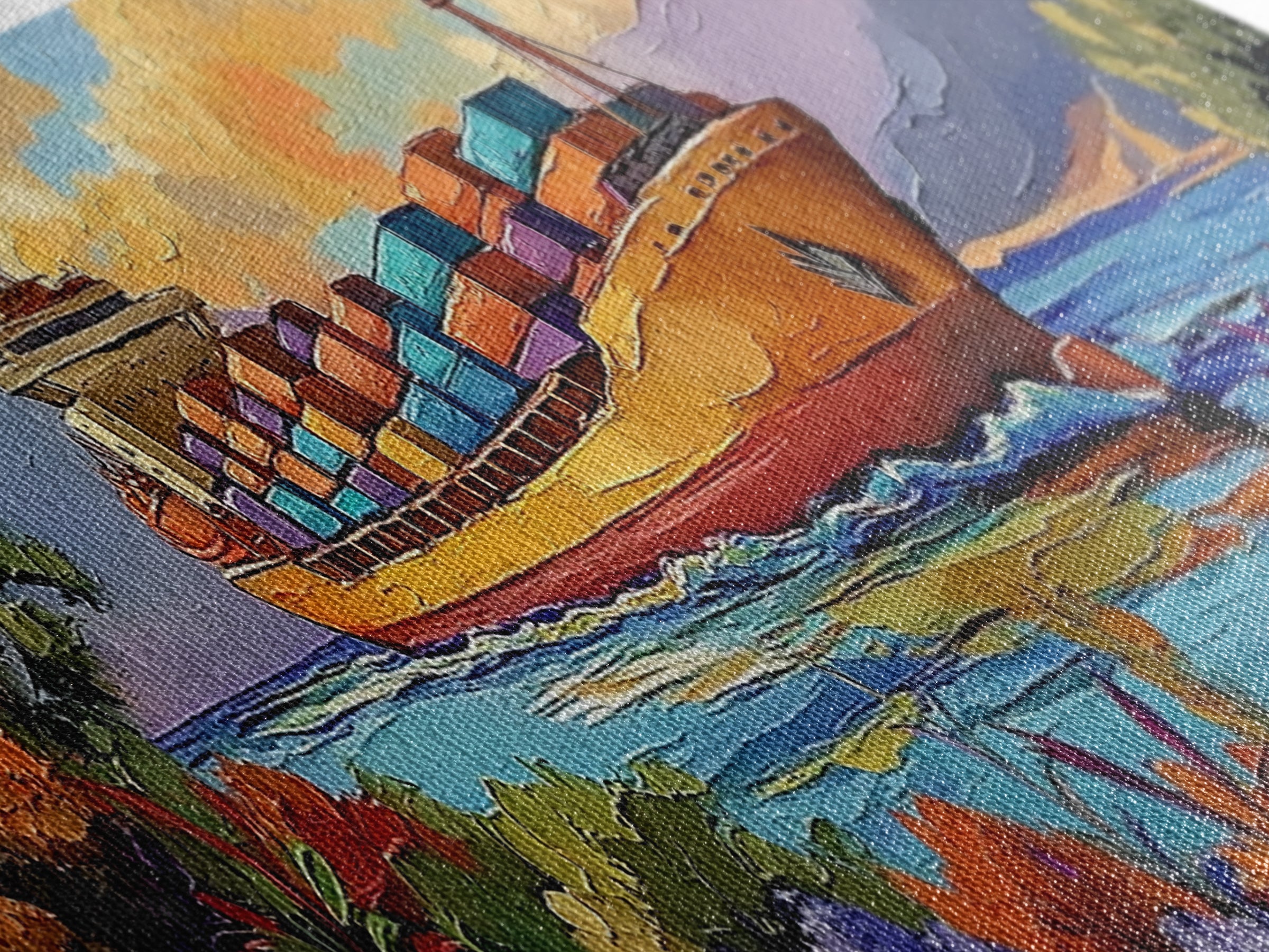 Coastal Cargo Ship, Vibrant Ocean Painting, Nautical Decor, Container Ship Art, Canvas Print, Modern Seascape, Office Wall Art, Boho Art