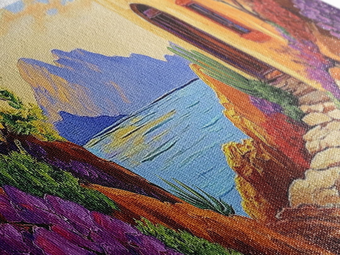 Adobe House View, Desert Coastal Path, Southwest Landscape, Mountain Ocean Art, Canvas Print, Kitchen Wall Art, Warm Boho Style