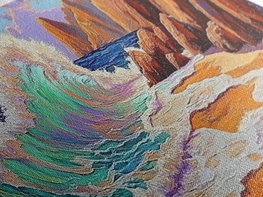 Crashing Wave, Coastal Shore, Sunset Beach, Framed Canvas Print, Ocean Wall Art, Beach Decor, Vibrant Surf Painting, Bathroom Art