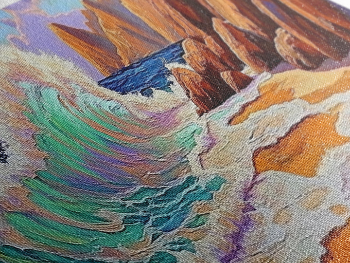 Crashing Wave, Coastal Shore, Sunset Beach, Framed Canvas Print, Ocean Wall Art, Beach Decor, Vibrant Surf Painting, Bathroom Art