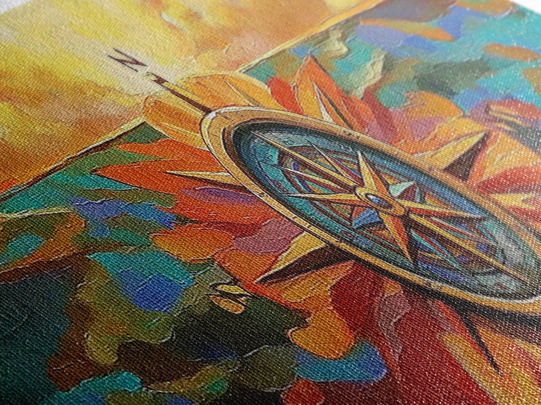 Compass Rose, Nautical Decor, Seafaring Art, Sunset Ocean, Framed Canvas Print, Beach House Art, Office Wall Art, Boho Travel Art