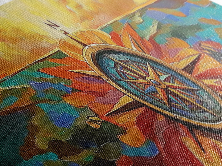 Compass Rose, Nautical Decor, Seafaring Art, Sunset Ocean, Framed Canvas Print, Beach House Art, Office Wall Art, Boho Travel Art