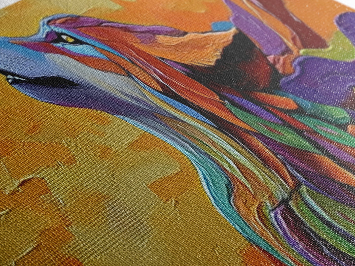 Colorful Wolf, Spirit Animal, Autumn Sky, Boho Vibes, Framed Canvas Print, Eclectic Wall Art, Bedroom Accent, Mystical Animal Painting