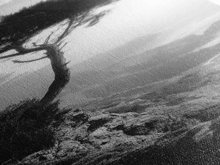 Coastal Tree, Cliff View, Ocean Mist, Moody Landscape, Canvas Print, Serene Bedroom Art, Monochrome Nature Photography Style