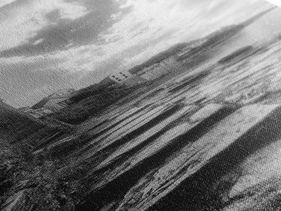 Cliffside Village, Stone Path, Seaside Escape, Dreamy Landscape, Canvas Print, Living Room Wall Art, Romantic Wall Decor, Monochrome Style