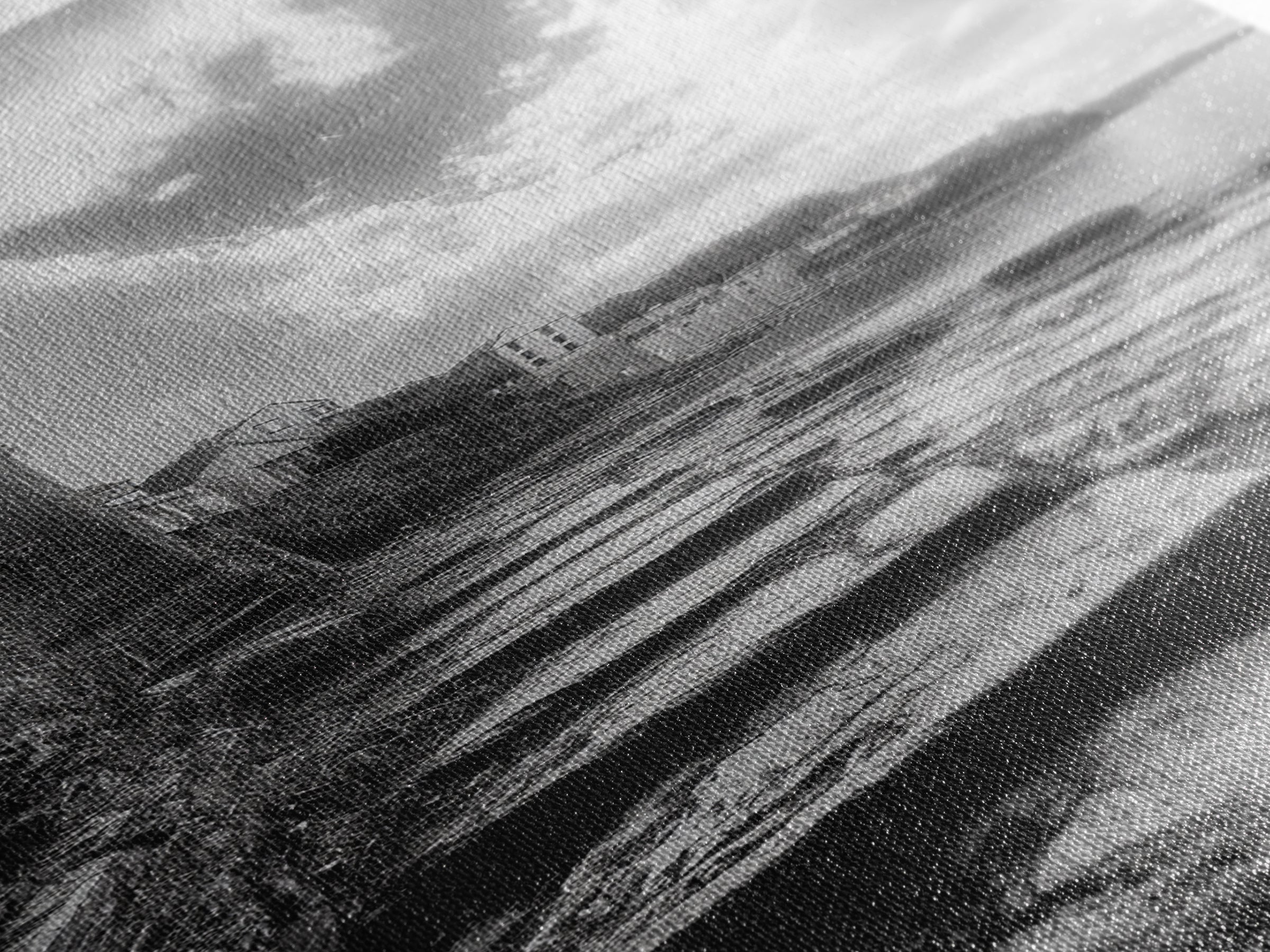 Cliffside Village, Stone Path, Seaside Escape, Dreamy Landscape, Canvas Print, Living Room Wall Art, Romantic Wall Decor, Monochrome Style