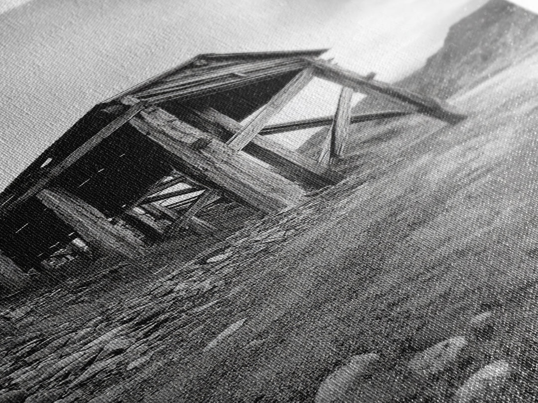 Abandoned Mine, Wooden Structure, Desert Scene, Western Vibes, Black and White Canvas Print, Industrial Rustic Living Room Wall Art