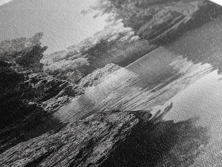 Cliff Canyon, Tranquil Water, Forest Reflection, Natural Pool, Framed Canvas Print, Black and White Nature Art, Spa Print, Hallway Decor