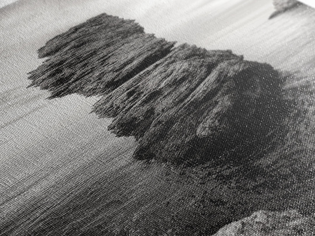 Coastal Rock, Ocean Tower, Nature Photography, Framed Canvas Print, Minimalist Wall Decor, Living Room Wall Art, Black and White Seascape