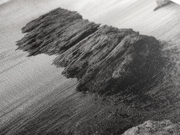 Coastal Rock, Ocean Tower, Nature Photography, Framed Canvas Print, Minimalist Wall Decor, Living Room Wall Art, Black and White Seascape