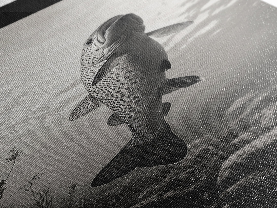 Rising Trout, Underwater Fish, Nature Close-Up, Canvas Print, Cabin Wall Art, Rustic Decor, Fishing Lover Gift, Black and White Art