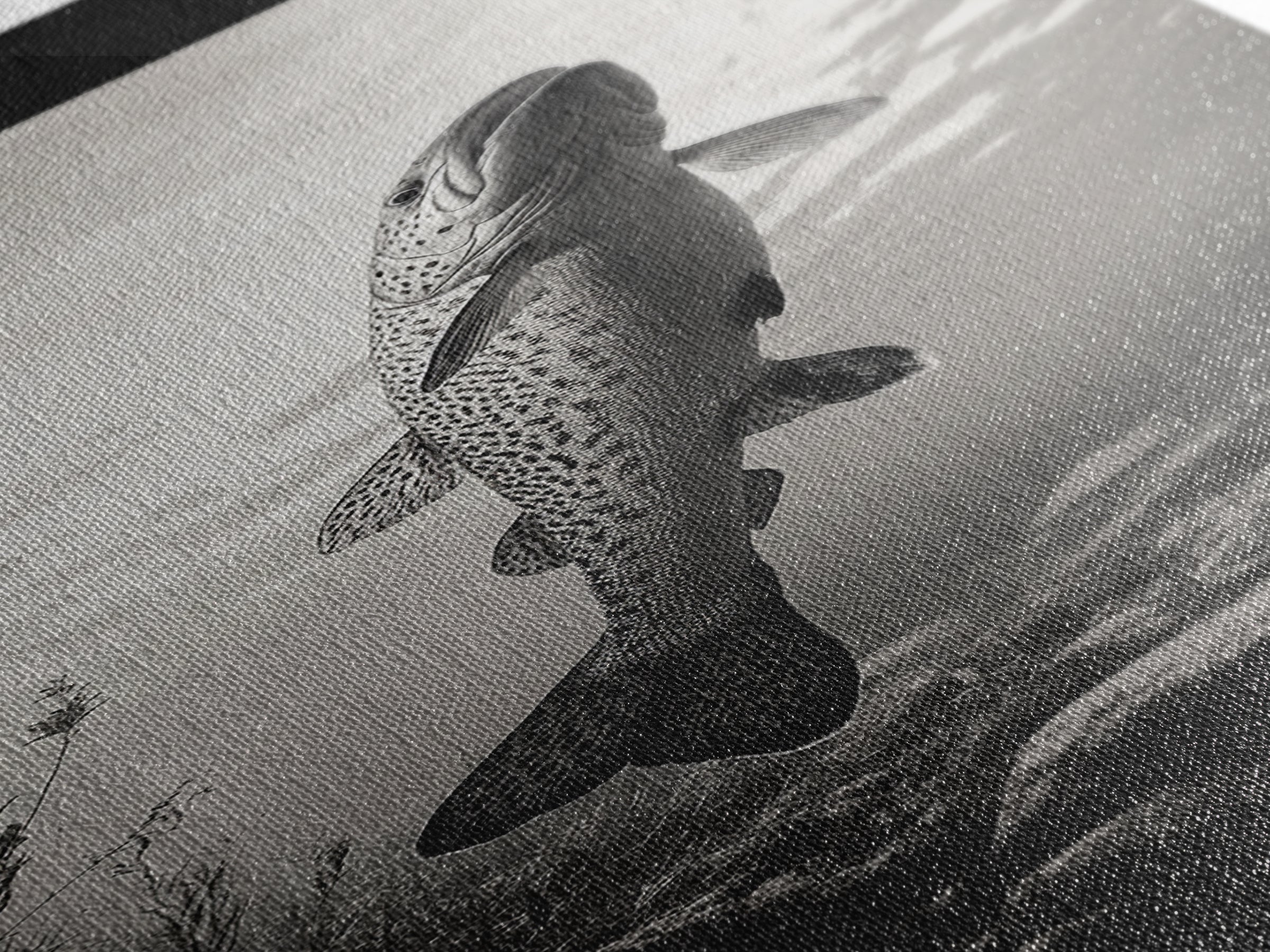 Rising Trout, Underwater Fish, Nature Close-Up, Canvas Print, Cabin Wall Art, Rustic Decor, Fishing Lover Gift, Black and White Art