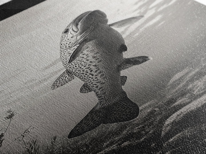 Rising Trout, Underwater Fish, Nature Close-Up, Canvas Print, Cabin Wall Art, Rustic Decor, Fishing Lover Gift, Black and White Art
